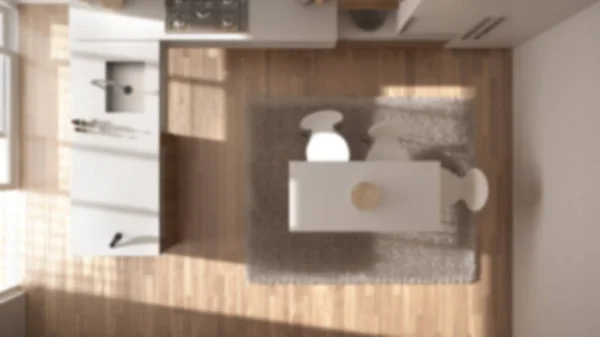 Θαμπάδα ΑΡΧΙΤΕΚΤΟΝΙΚΗ φόντο, το top view, σύγχρονη μινιμαλιστική ξύλινη κουζίνα με παρκέ δάπεδο και χαλί, άσπρο αντίγραφο αρχιτεκτονικής στο χώρο — Φωτογραφία Αρχείου
