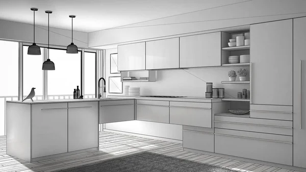 Niedokończony projekt nowoczesny minimalistyczny kuchnia z parkietem, dywan i panoramiczne okna, architektura wnętrz — Zdjęcie stockowe