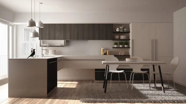 Современная минималистичная деревянная кухня с обеденным столом, ковровым покрытием и панорамным окном, дизайном интерьера белого и серого цветов — стоковое фото