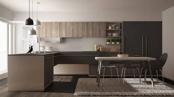 Moderní minimalistický dřevěná kuchyně s jídelní stůl, koberec a panoramatické okno, bílé a šedé architektura interiér design — Stock fotografie
