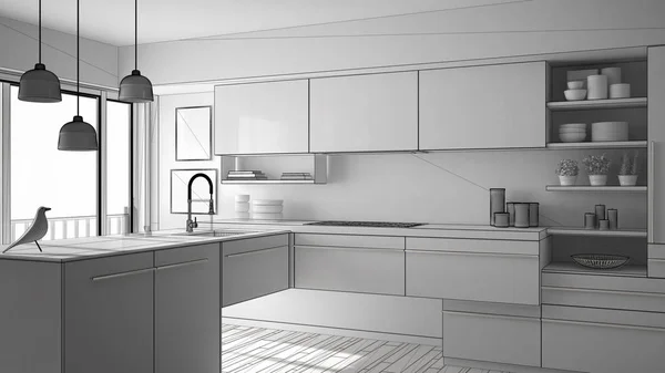Proyek yang belum selesai dari dapur minimalistik modern dengan lantai parket, karpet dan jendela panorama, desain interior arsitektur — Stok Foto