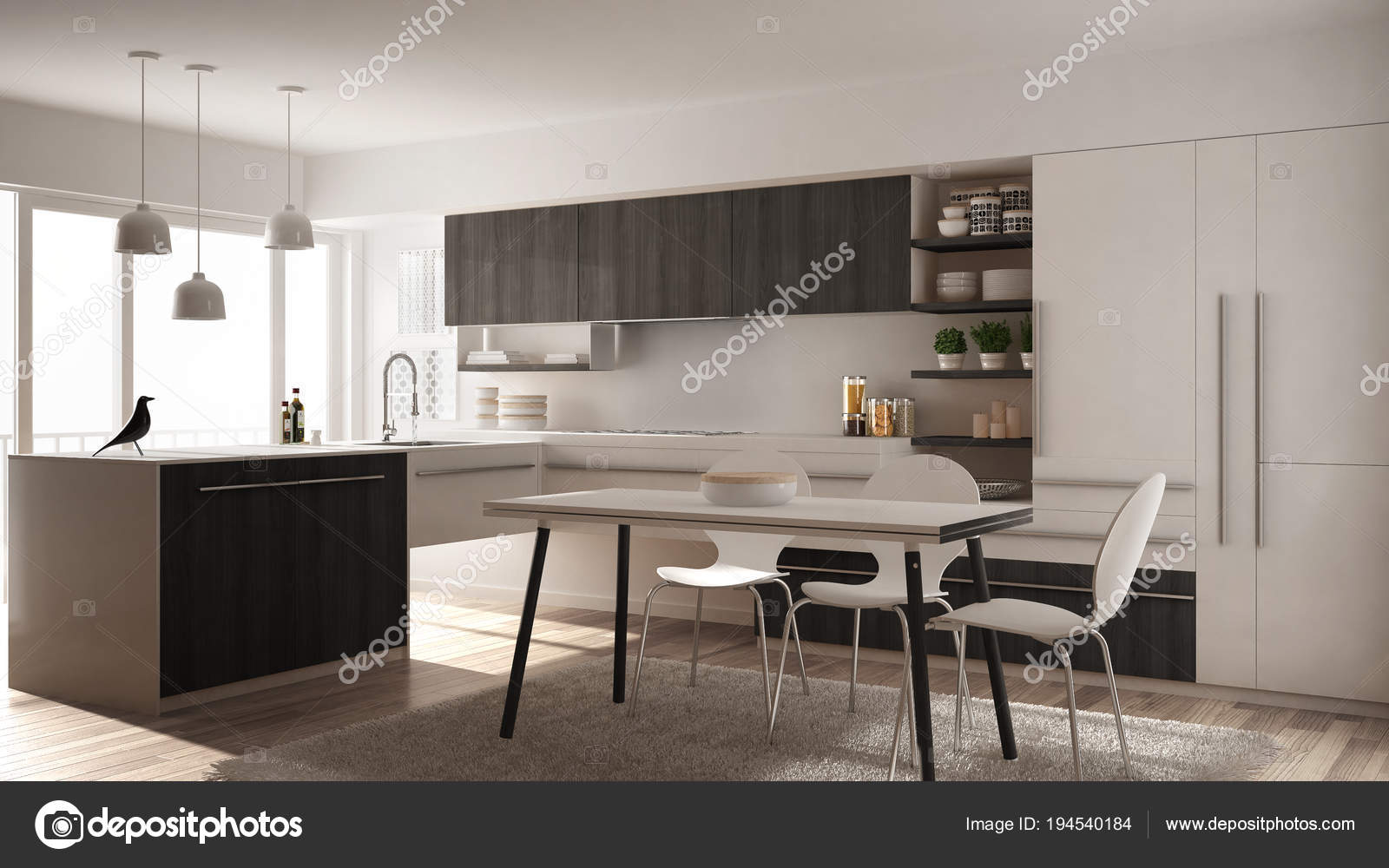 Cozinha De Madeira Minimalista Moderna Com Mesa De Jantar Tapete E Cozinha De Madeira Minimalista Moderna Com Mesa De Jantar Tapete E