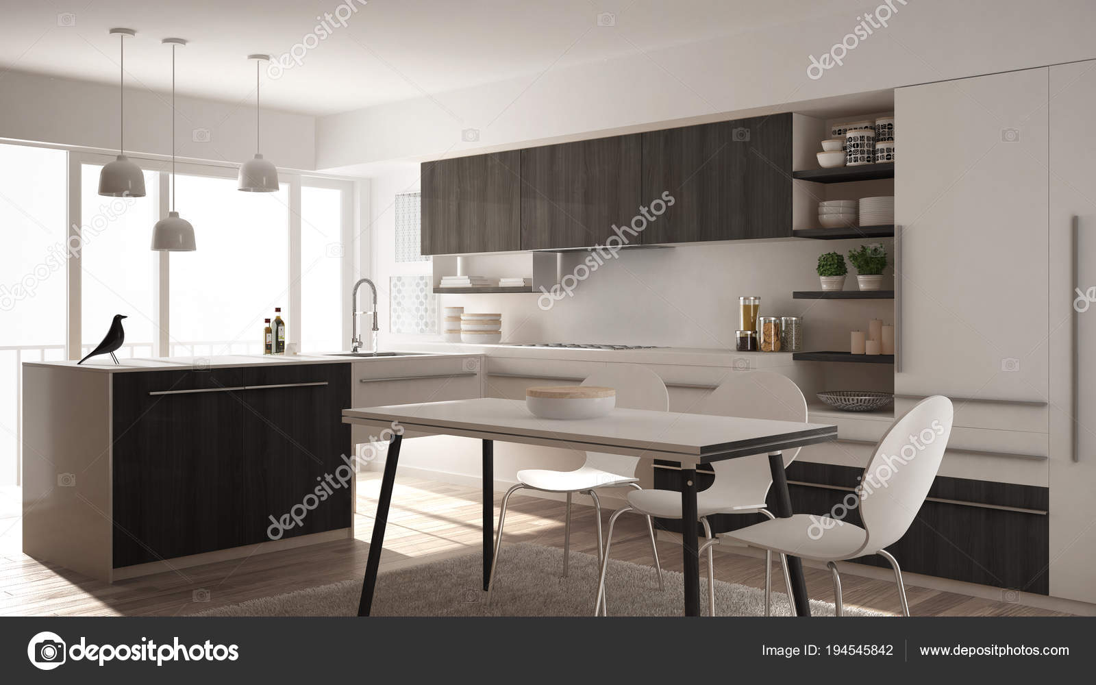 Cocina moderna de madera minimalista con mesa de comedor, alfombras ... Cocina moderna de madera minimalista con mesa de comedor, alfombras ...