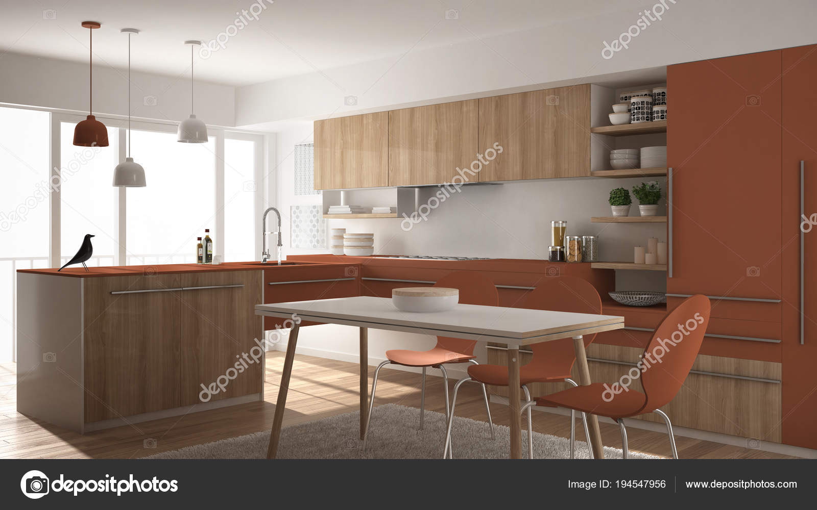Cocina moderna de madera minimalista con mesa de comedor, alfombras ... Cocina moderna de madera minimalista con mesa de comedor, alfombras ...