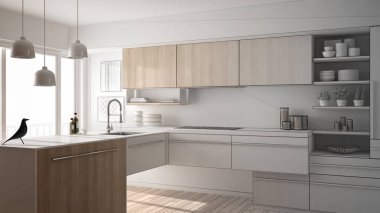 Tamamlanmamış proje modern minimalist mutfak parke zemin, halı ve panoramik penceresinde, mimari iç tasarım