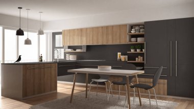 Modern minimalist Ahşap mutfak yemek masası, halı ve panoramik pencere, beyaz ve gri mimari iç tasarım