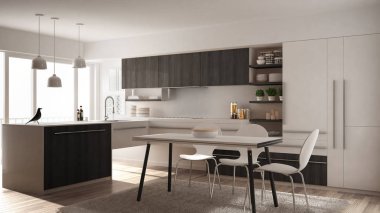 Modern minimalist Ahşap mutfak yemek masası, halı ve panoramik pencere, beyaz ve gri mimari iç tasarım
