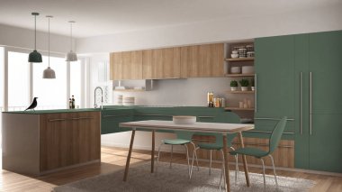 Modern minimalist Ahşap mutfak yemek masası, halı ve panoramik pencere, beyaz ve yeşil mimari iç tasarım