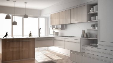 Tamamlanmamış proje modern minimalist mutfak parke zemin, halı ve panoramik penceresinde, mimari iç tasarım