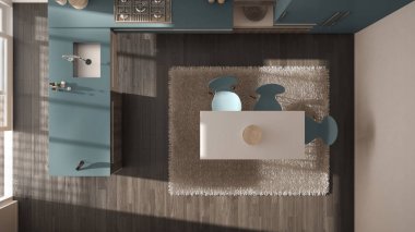 Ana sayfa görünümü, modern minimalist Ahşap mutfak yemek masası ve halı, sarı ve mavi mimari iç tasarım