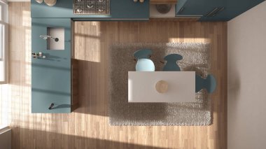 Ana sayfa görünümü, modern minimalist Ahşap mutfak yemek masası ve halı, beyaz ve mavi mimari iç tasarım