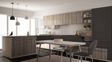 Modern minimalist Ahşap mutfak yemek masası, halı ve panoramik pencere, beyaz ve gri mimari iç tasarım