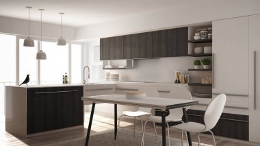 Modern minimalist Ahşap mutfak yemek masası, halı ve panoramik pencere, beyaz ve gri mimari iç tasarım
