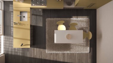 Ana sayfa görünümü, modern minimalist Ahşap mutfak yemek masası ve halı, sarı ve gri mimari iç tasarım