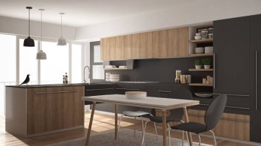 Modern minimalist Ahşap mutfak yemek masası, halı ve panoramik pencere, beyaz ve gri mimari iç tasarım