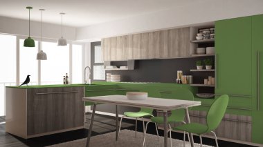 Modern minimalist Ahşap mutfak yemek masası, halı ve panoramik pencere, gri ve yeşil mimari iç tasarım