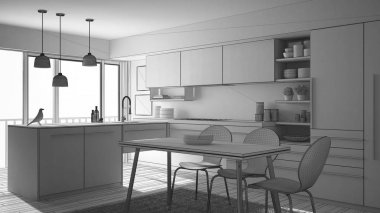 Tamamlanmamış proje modern minimalist mutfak yemek masası, halı ve panoramik penceresinde, mimari iç tasarım