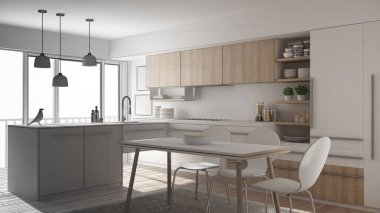 Tamamlanmamış proje modern minimalist mutfak yemek masası, halı ve panoramik penceresinde, mimari iç tasarım