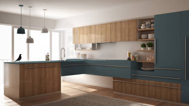 Parke zemin, halı ve panoramik pencere, beyaz ve mavi mimari iç tasarım Modern minimalist Ahşap mutfak