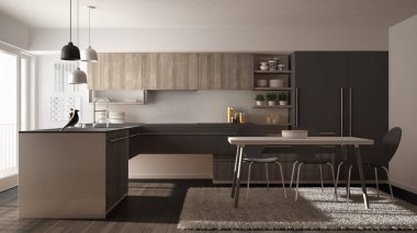 Modern minimalist Ahşap mutfak yemek masası, halı ve panoramik pencere, beyaz ve gri mimari iç tasarım