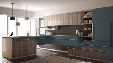 Parke zemin, halı ve panoramik pencere, gri ve mavi mimari iç tasarım Modern minimalist Ahşap mutfak