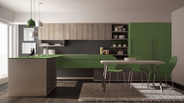 Modern minimalist Ahşap mutfak yemek masası, halı ve panoramik pencere, gri ve yeşil mimari iç tasarım