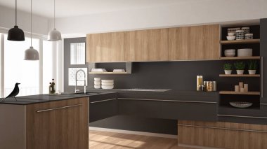 Parke zemin, halı ve panoramik pencere, beyaz ve gri mimari iç tasarım Modern minimalist Ahşap mutfak