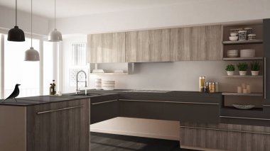 Parke zemin, halı ve panoramik pencere, beyaz ve gri mimari iç tasarım Modern minimalist Ahşap mutfak