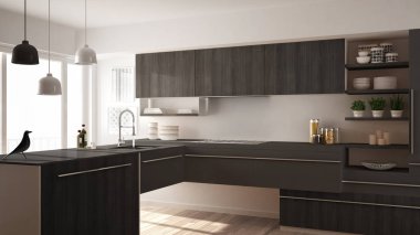 Parke zemin, halı ve panoramik pencere, beyaz ve gri mimari iç tasarım Modern minimalist Ahşap mutfak