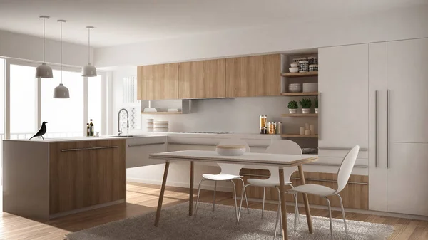 Moderna cocina minimalista de madera con mesa de comedor, alfombra y ventana panorámica, diseño interior de arquitectura blanca —  Fotos de Stock