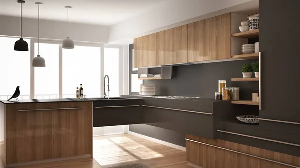 Moderne minimalistische Holzküche mit Parkettboden, Teppich und Panoramafenster, Innenarchitektur in weiß und grau — Stockfoto