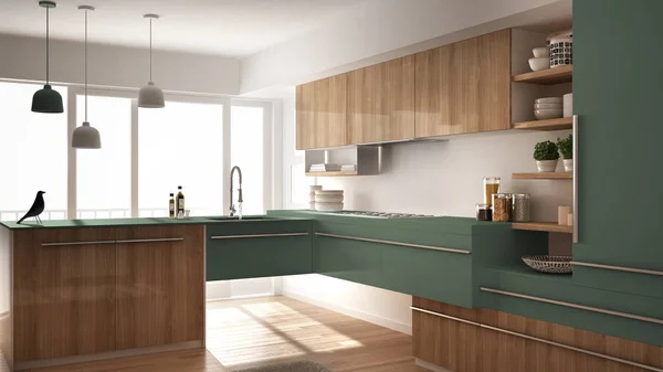 现代简约木制厨房与实木复合地板, 地毯和全景窗口, 白色和绿色建筑室内设计 — 图库照片