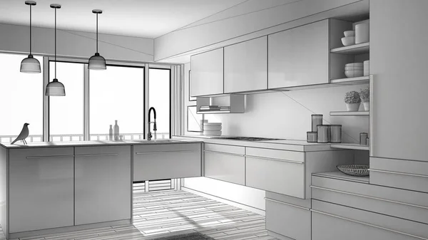 Proyek yang belum selesai dari dapur minimalistik modern dengan lantai parket, karpet dan jendela panorama, desain interior arsitektur — Stok Foto