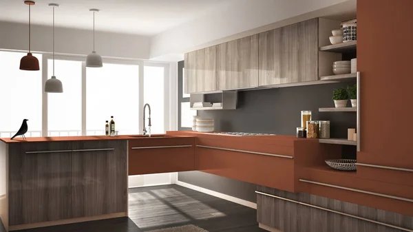 Moderne minimalistische Holzküche mit Parkettboden, Teppich und Panoramafenster, graue und rote Architektur Innenarchitektur — Stockfoto
