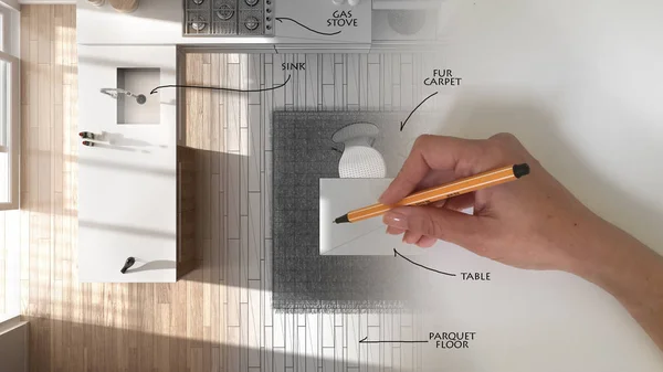 Vista superior, arquiteto conceito de designer de interiores: desenho à mão um projeto de design de interiores e notas de escrita, enquanto o espaço se torna real, cozinha moderna branca e de madeira — Fotografia de Stock