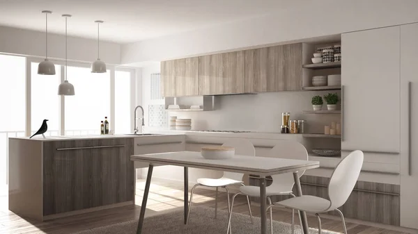 Moderní minimalistický dřevěná kuchyně s jídelní stůl, koberec a panoramatické okno, bílé architektury interiérového designu — Stock fotografie