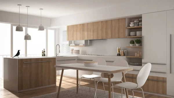 Moderní minimalistický dřevěná kuchyně s jídelní stůl, koberec a panoramatické okno, bílé architektury interiérového designu — Stock fotografie