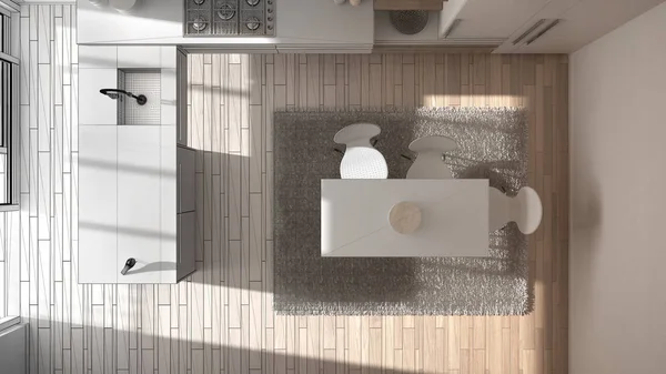 Vista superior, projeto inacabado de cozinha moderna minimalista de madeira com piso em parquet e carpete, arquitetura espaço cópia branca — Fotografia de Stock