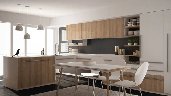 Nowoczesny minimalistyczny drewniane kuchnia z stół do jadalni, dywan i panoramiczne okna, projektowanie wnętrz architektura biały i szary — Zdjęcie stockowe