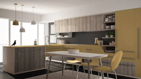 Современная минималистичная деревянная кухня с обеденным столом, ковровым покрытием и панорамным окном, дизайном интерьера серой и желтой архитектуры — стоковое фото