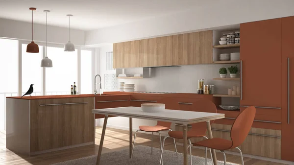 Moderna cocina minimalista de madera con mesa de comedor, alfombra y ventana panorámica, diseño interior de arquitectura blanca y roja — Foto de Stock