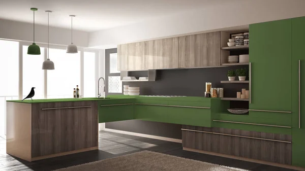 Сучасна мінімалістична дерев'яна кухня з паркетною підлогою, килимом і панорамним вікном, сірою і зеленою архітектурою дизайн інтер'єру — стокове фото