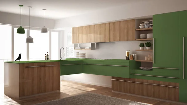 Сучасна мінімалістична дерев'яна кухня з паркетною підлогою, килимом і панорамним вікном, біло-зелена архітектура дизайну інтер'єру — стокове фото