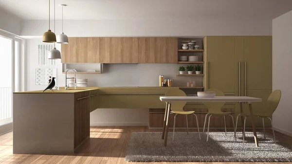 Moderna cozinha minimalista de madeira com mesa de jantar, tapete e janela panorâmica, arquitetura branca e amarela design de interiores — Fotografia de Stock