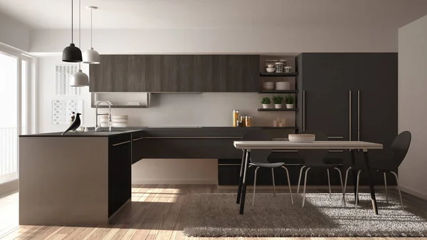 Современная минималистичная деревянная кухня с обеденным столом, ковровым покрытием и панорамным окном, дизайном интерьера белого и серого цветов — стоковое фото