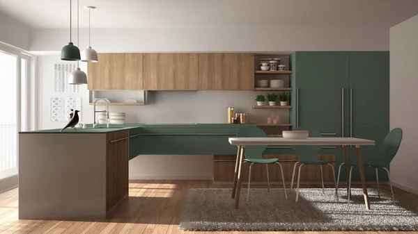Cozinha de madeira minimalista moderna com mesa de jantar, tapete e janela panorâmica, arquitetura branca e verde design de interiores — Fotografia de Stock
