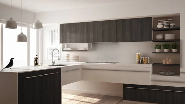 Moderne minimalistische houten keuken met parketvloer, tapijt en panoramisch venster, witte en grijze architectuur interieur — Stockfoto