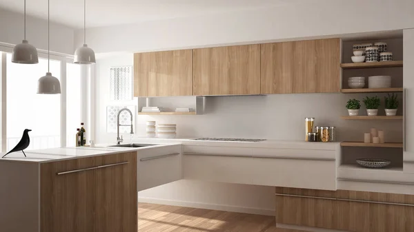 Современная минималистичная деревянная кухня с паркетным полом, ковром и панорамным окном, интерьер в стиле белой архитектуры — стоковое фото