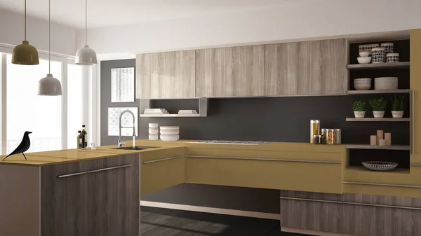 Dapur kayu modern minimalis dengan lantai parket, karpet dan jendela panorama, desain interior arsitektur abu-abu dan kuning — Stok Foto