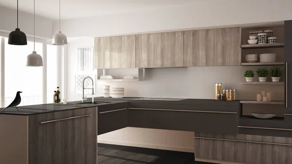Moderna cocina minimalista de madera con suelo de parquet, alfombra y ventana panorámica, arquitectura blanca y gris diseño interior — Foto de Stock